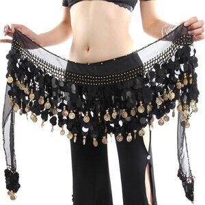 Women Black & Black Coins Hip Scarf Skirt Wrap Performance Belly Dance Costume